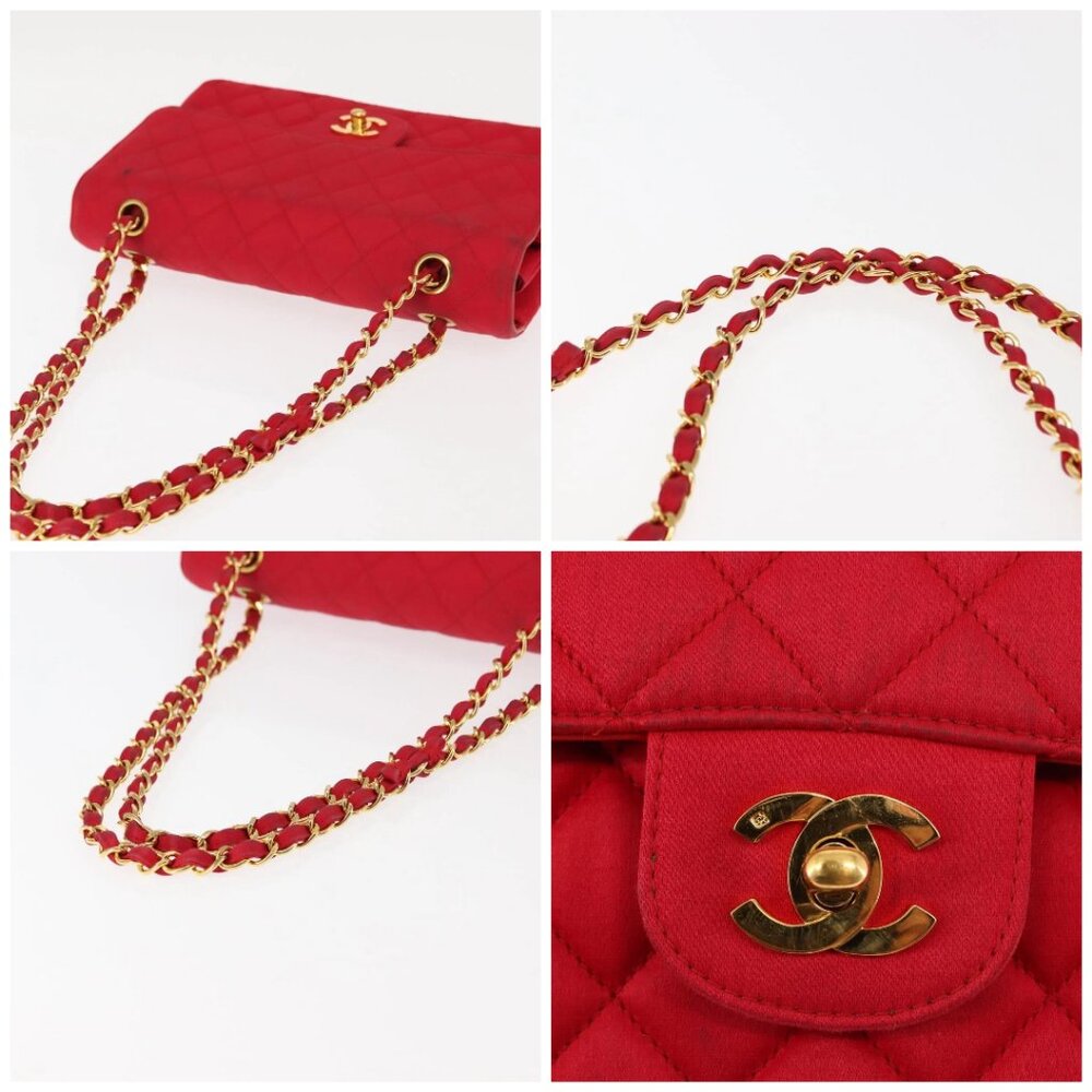 CHANEL Matelasse 25 Double Flap Chain Shoulder Bag Satin Red Gold CC Auth 145843 - Picture 16 of 16